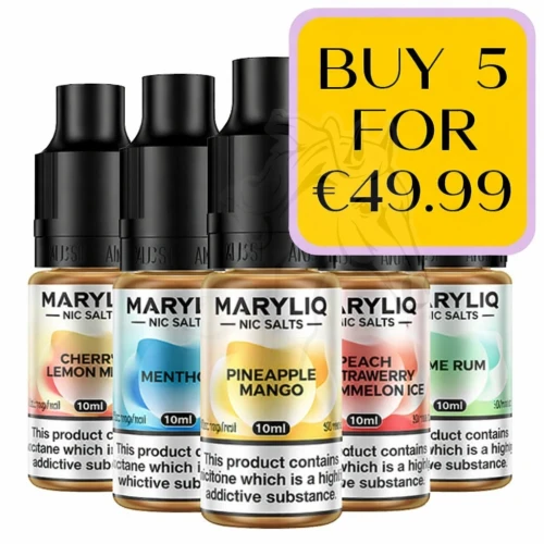 MARYLIQ Nic Salts 10ml e-liquids – buy 5 for €49.99, five bottles on white background
