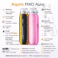 Aspire PIXO Aura pod kit specifications infographic with 1300mAh battery and 2ml TPD pods Ireland
