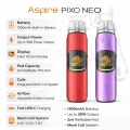 Infographic of Aspire Pixo Neo pod kit showing battery, display, airflow and refillable pod system for TPD Ireland market