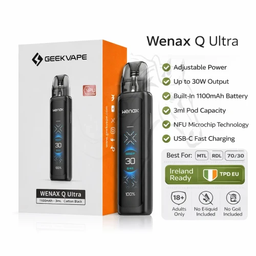 GeekVape Wenax Q Ultra vape kit with retail box, 30W pod device image, Ireland-ready TPD graphic