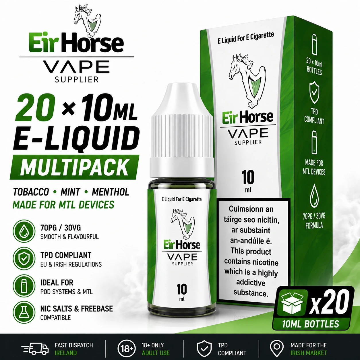 EirHorse E-Liquid x20 | Vape Shop Ireland 70PG MTL